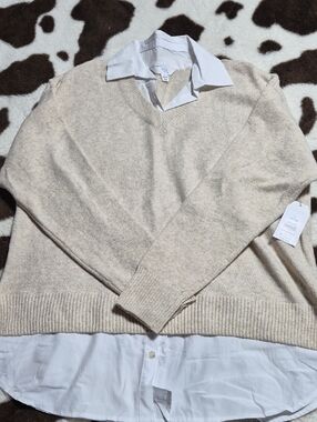 Time and Tru Women's V-Neck Layered Sweater in Beige Heather